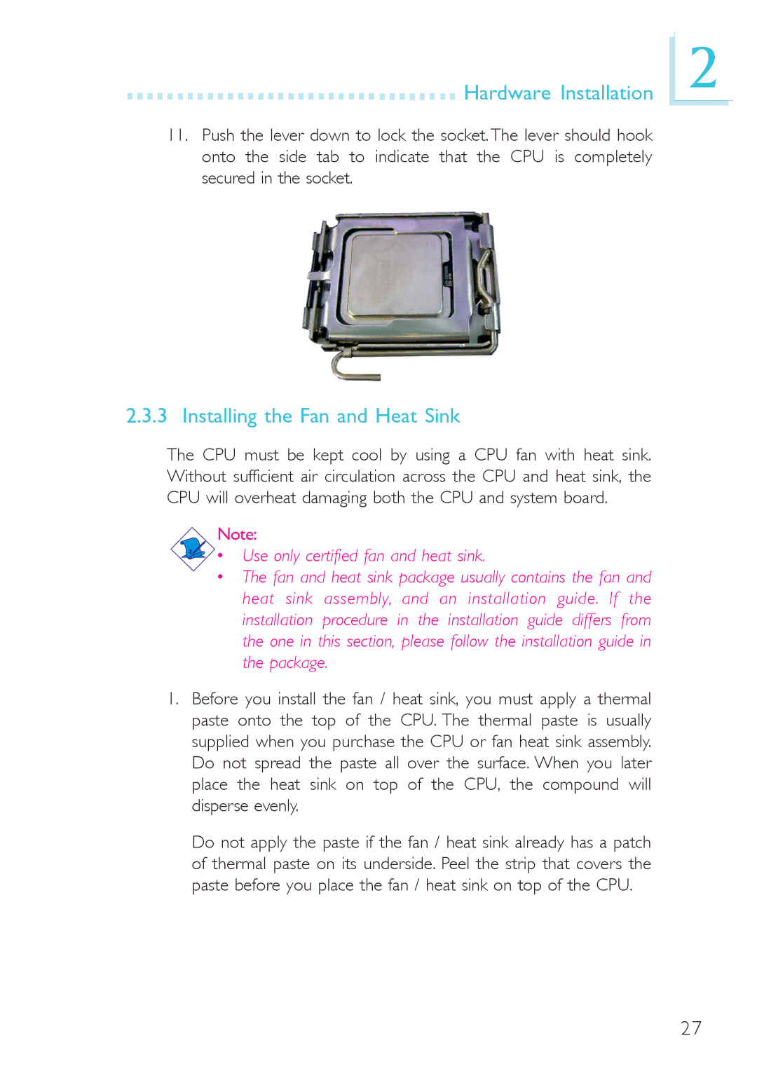 DFI system board, 915g-tmgf, 915gv-tml user manual Installing the Fan and Heat Sink, Use only certified fan and heat sink 