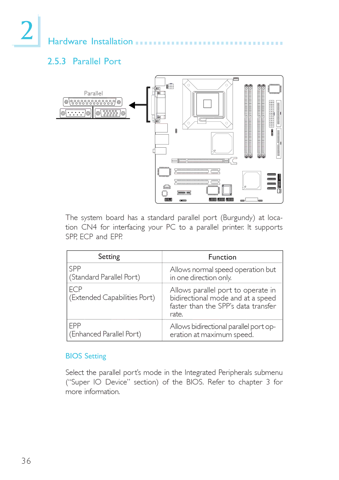 DFI system board, 915g-tmgf Hardware Installation Parallel Port, Standard Parallel Port, Extended Capabilities Port 