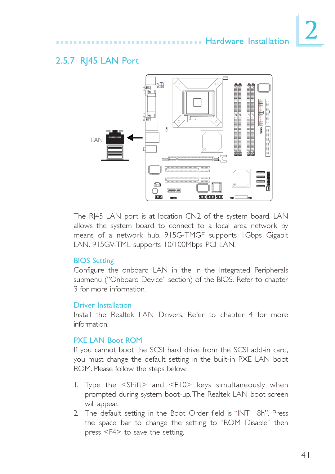 DFI 915gv-tml, system board, 915g-tmgf user manual Hardware Installation 7 RJ45 LAN Port, PXE LAN Boot ROM 