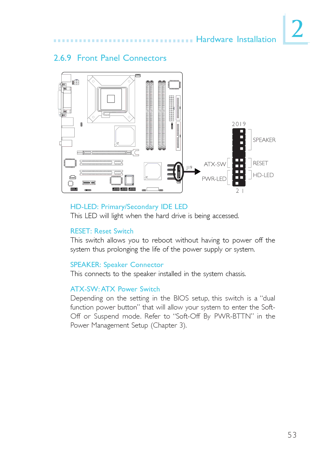 DFI 915gv-tml Hardware Installation Front Panel Connectors, HD-LED Primary/Secondary IDE LED, Reset Reset Switch 