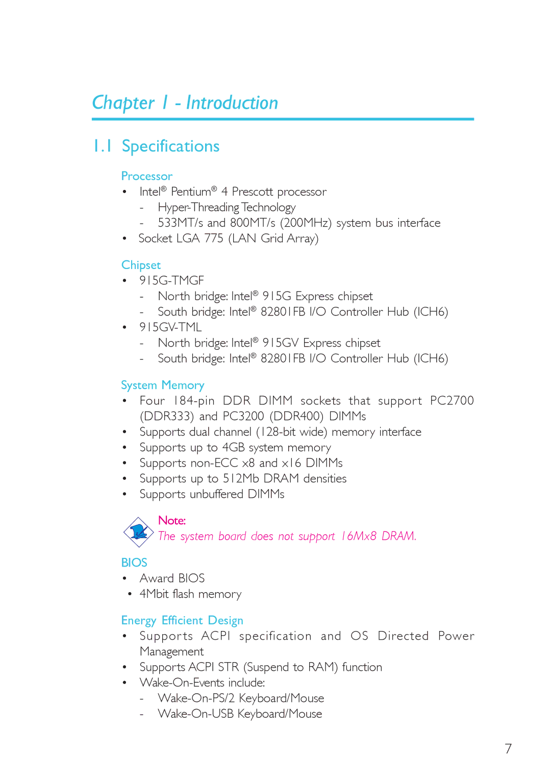 DFI 915g-tmgf, system board, 915gv-tml user manual Specifications, Processor, Chipset, System Memory, Energy Efficient Design 