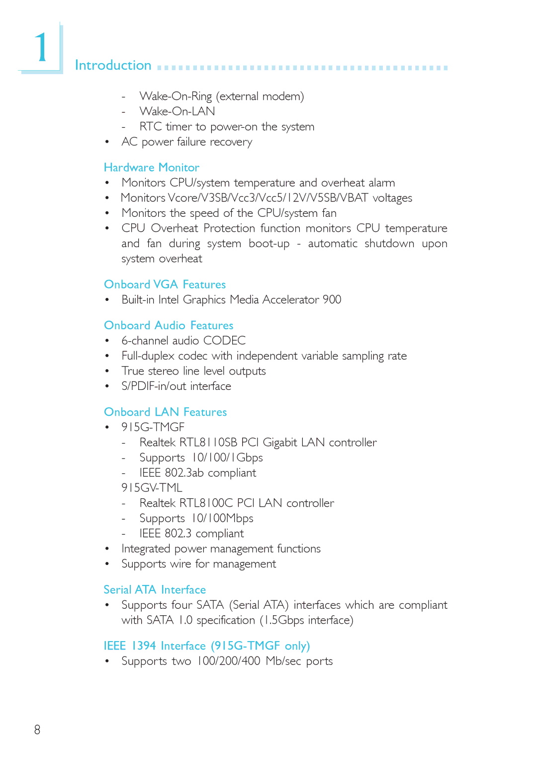 DFI 915gv-tml Hardware Monitor, Onboard VGA Features, Onboard Audio Features, Onboard LAN Features, Serial ATA Interface 