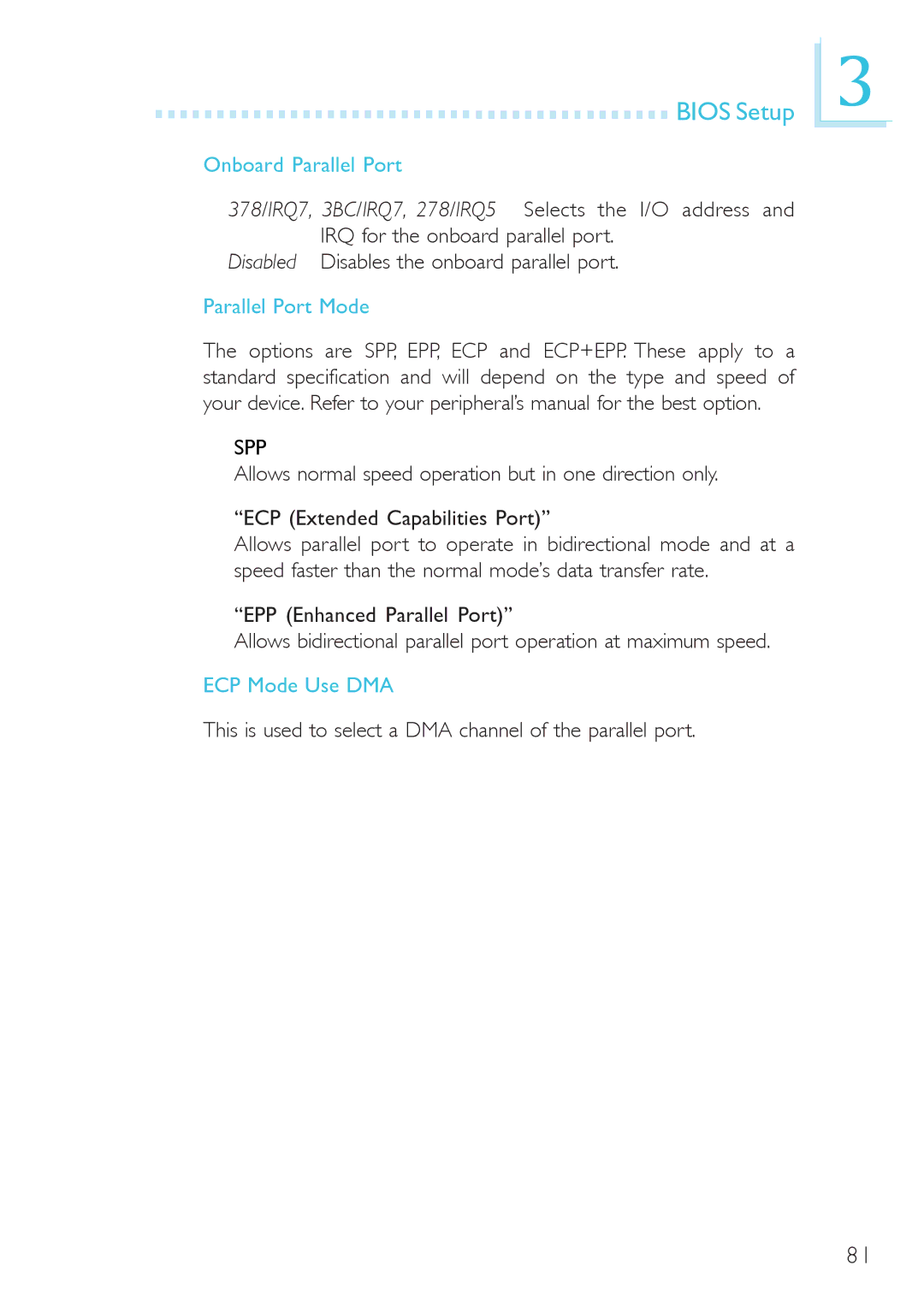 DFI system board, 915g-tmgf, 915gv-tml user manual Onboard Parallel Port, Parallel Port Mode, ECP Mode Use DMA 