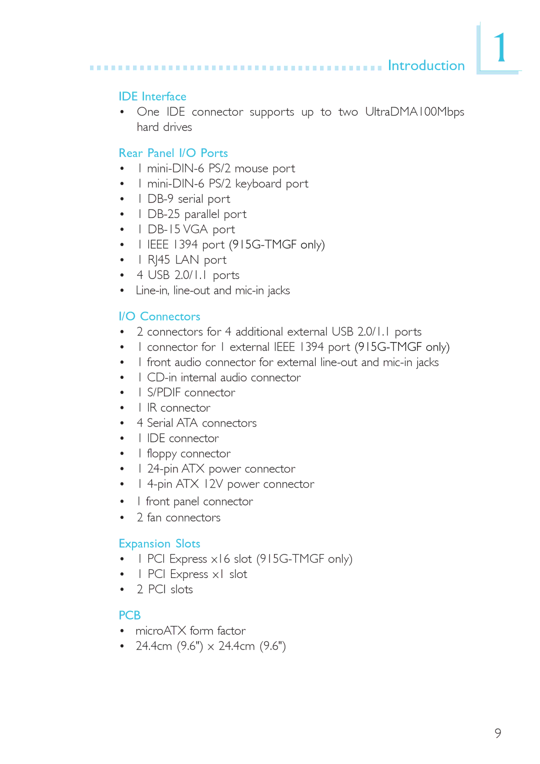 DFI system board, 915g-tmgf, 915gv-tml user manual IDE Interface, Rear Panel I/O Ports, Connectors, Expansion Slots 