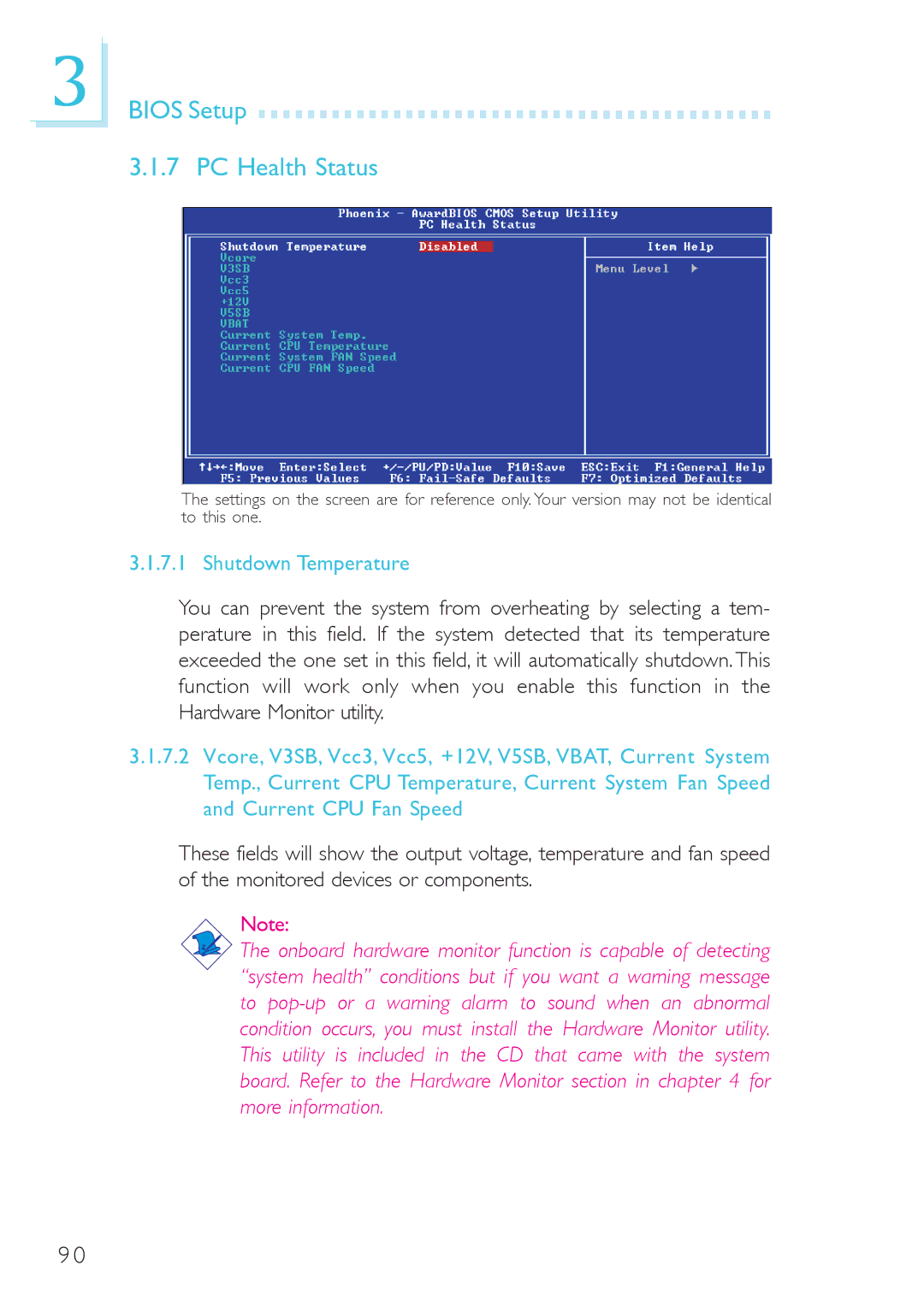 DFI system board, 915g-tmgf, 915gv-tml user manual Bios Setup PC Health Status, Shutdown Temperature 