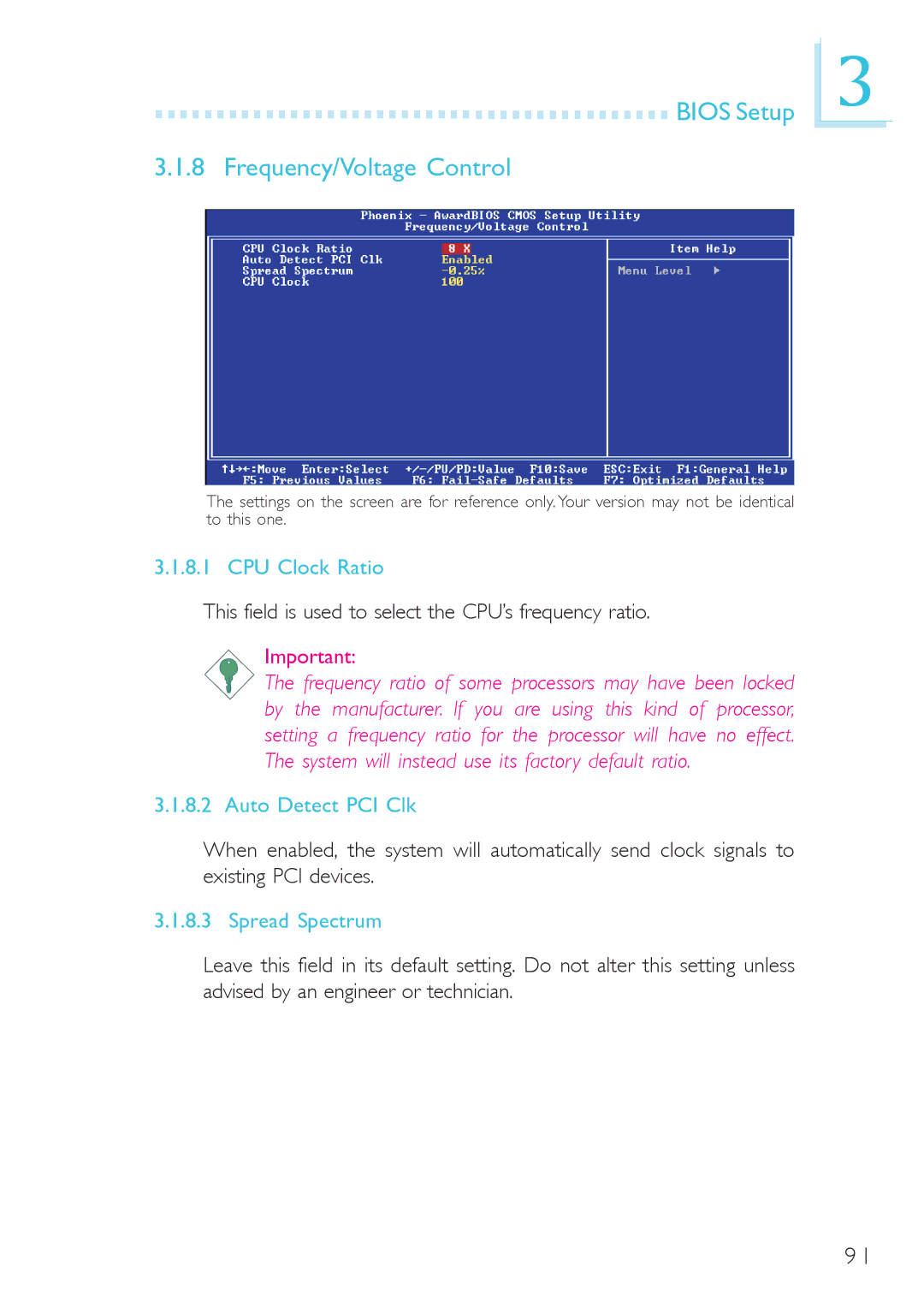 DFI 915g-tmgf, system board Bios Setup Frequency/Voltage Control, CPU Clock Ratio, Auto Detect PCI Clk, Spread Spectrum 