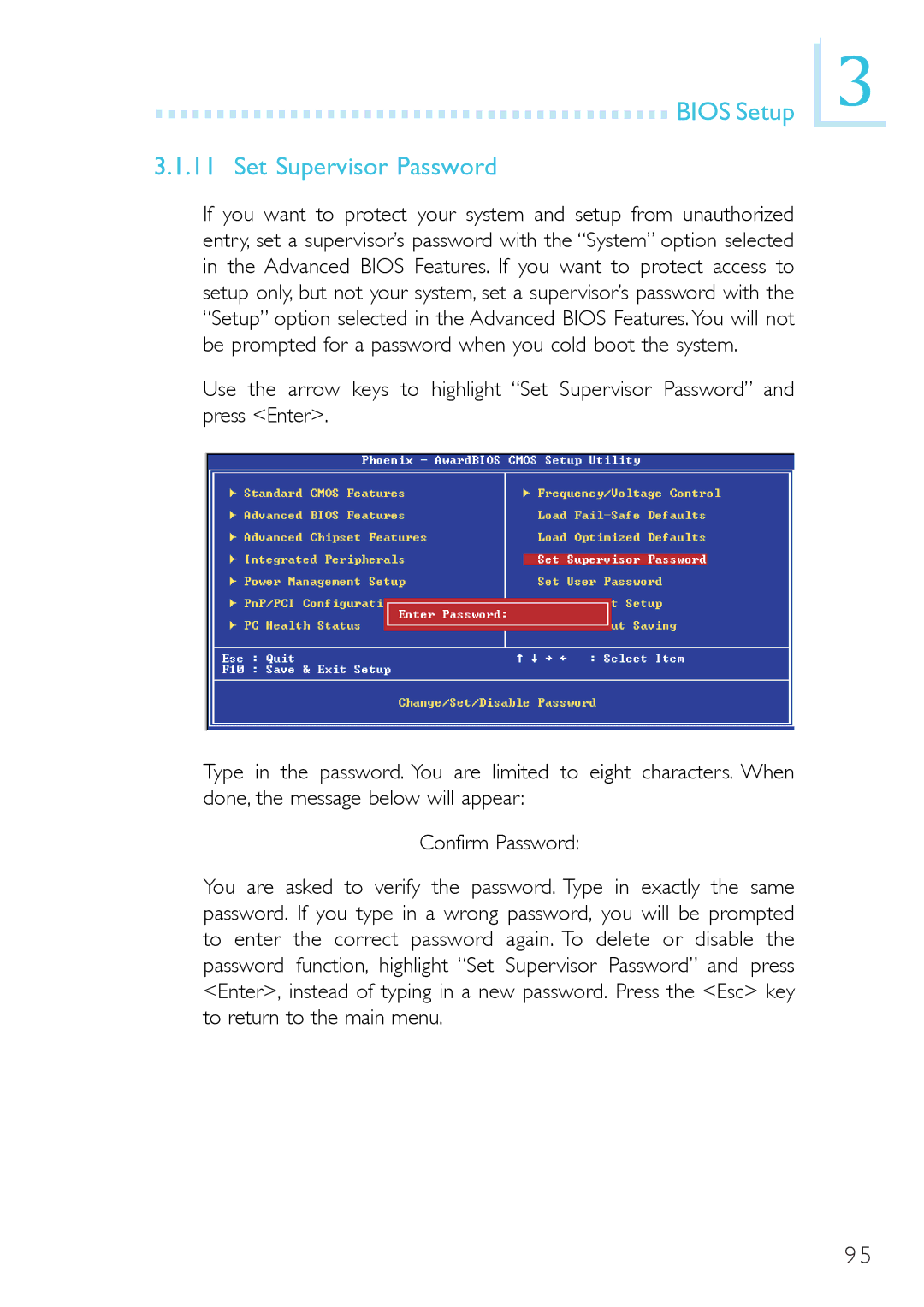 DFI 915gv-tml, system board, 915g-tmgf user manual Bios Setup Set Supervisor Password 