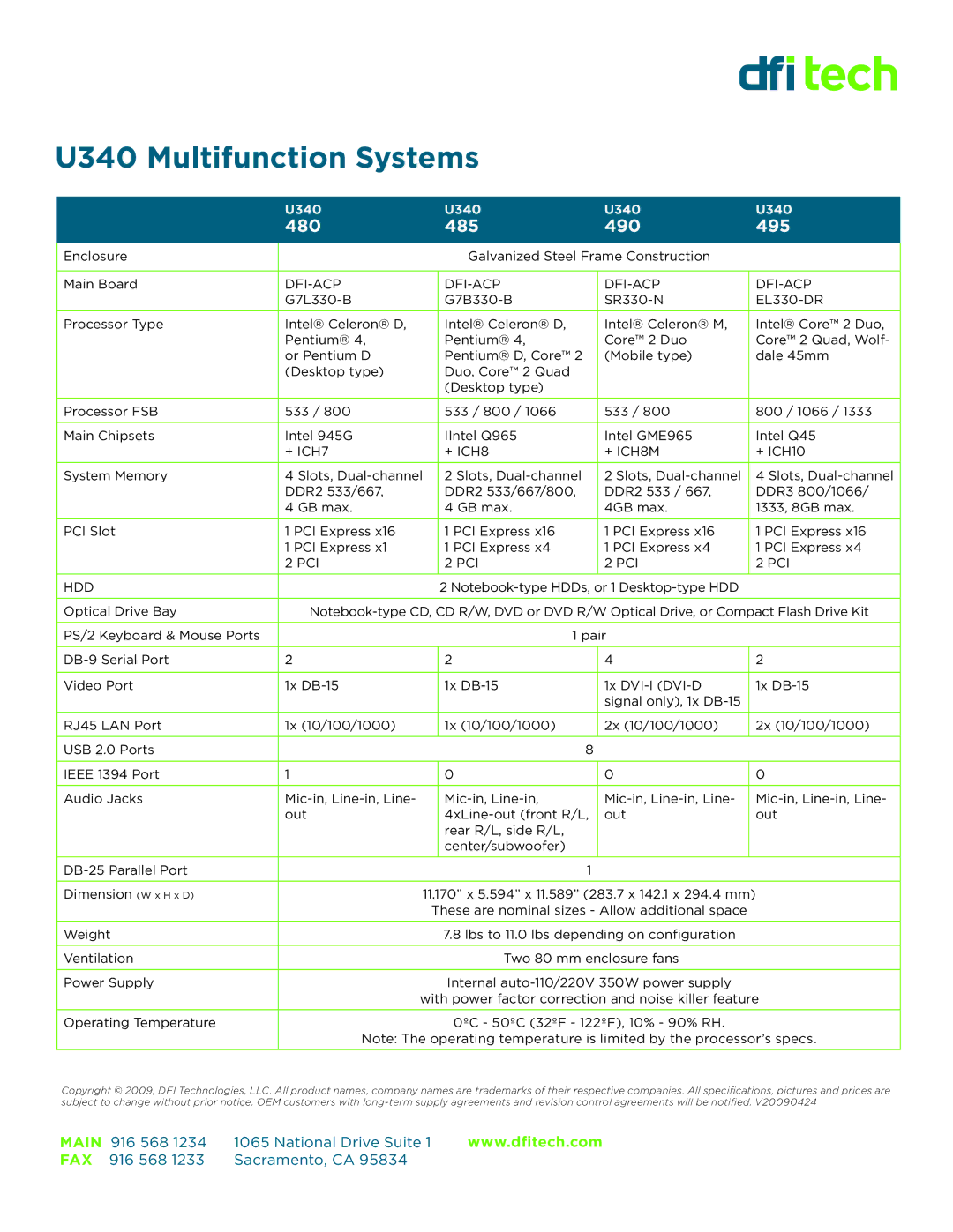 DFI U340 495, U340 480, U340 490, U340 485 manual U340 Multifunction Systems, 480 485 490 495, Dfi-Acp, + ICH8M, Pci Hdd 