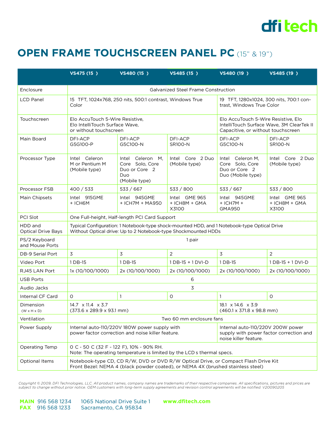 DFI VS475 (15), VS485 (19), VS 15 Open Frame Touchscreen Panel PC 15, VS475 VS480 VS485, Dfi-Acp, + ICH6M, + ICH8M + GMA 