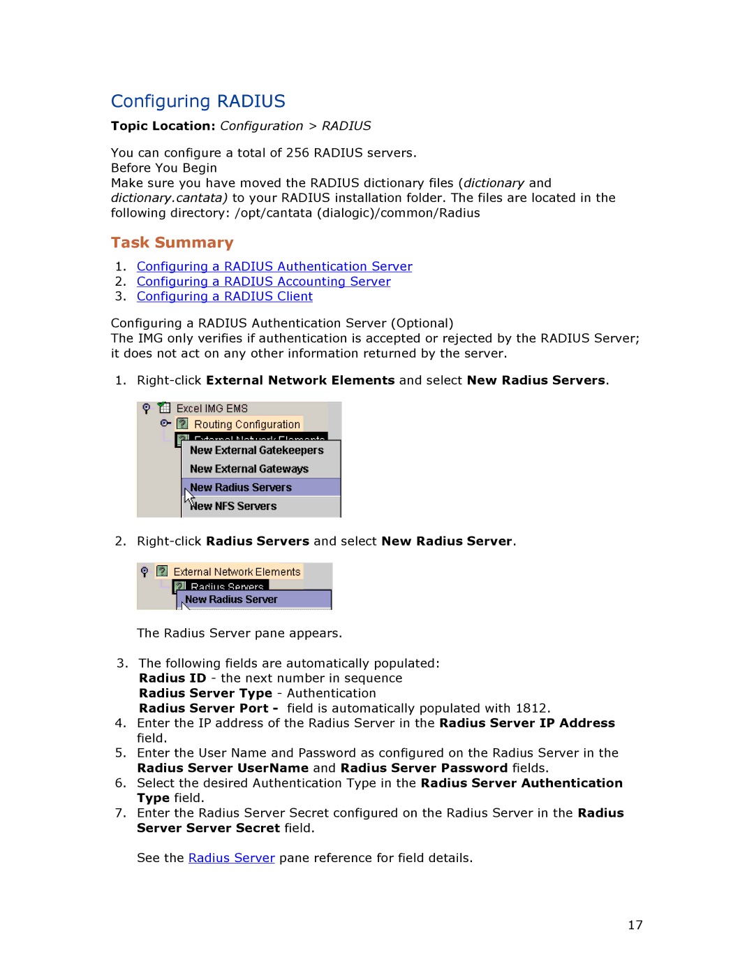 Dialogic 1010 manual Configuring Radius, Task Summary 