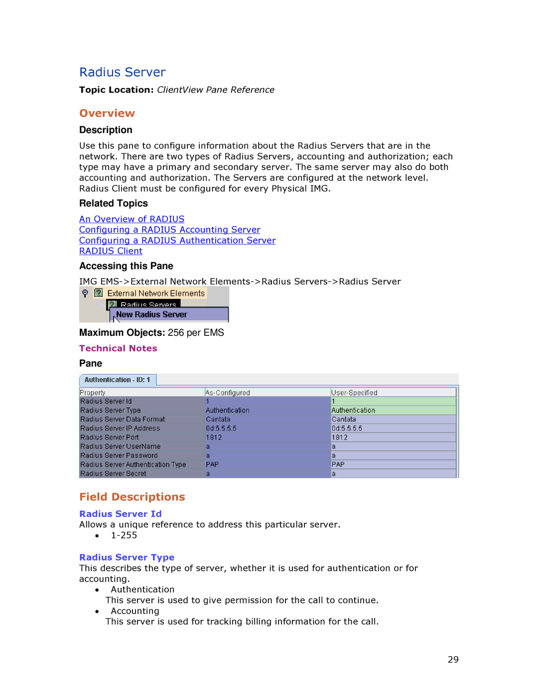 Dialogic 1010 manual Radius Server Id, Radius Server Type 