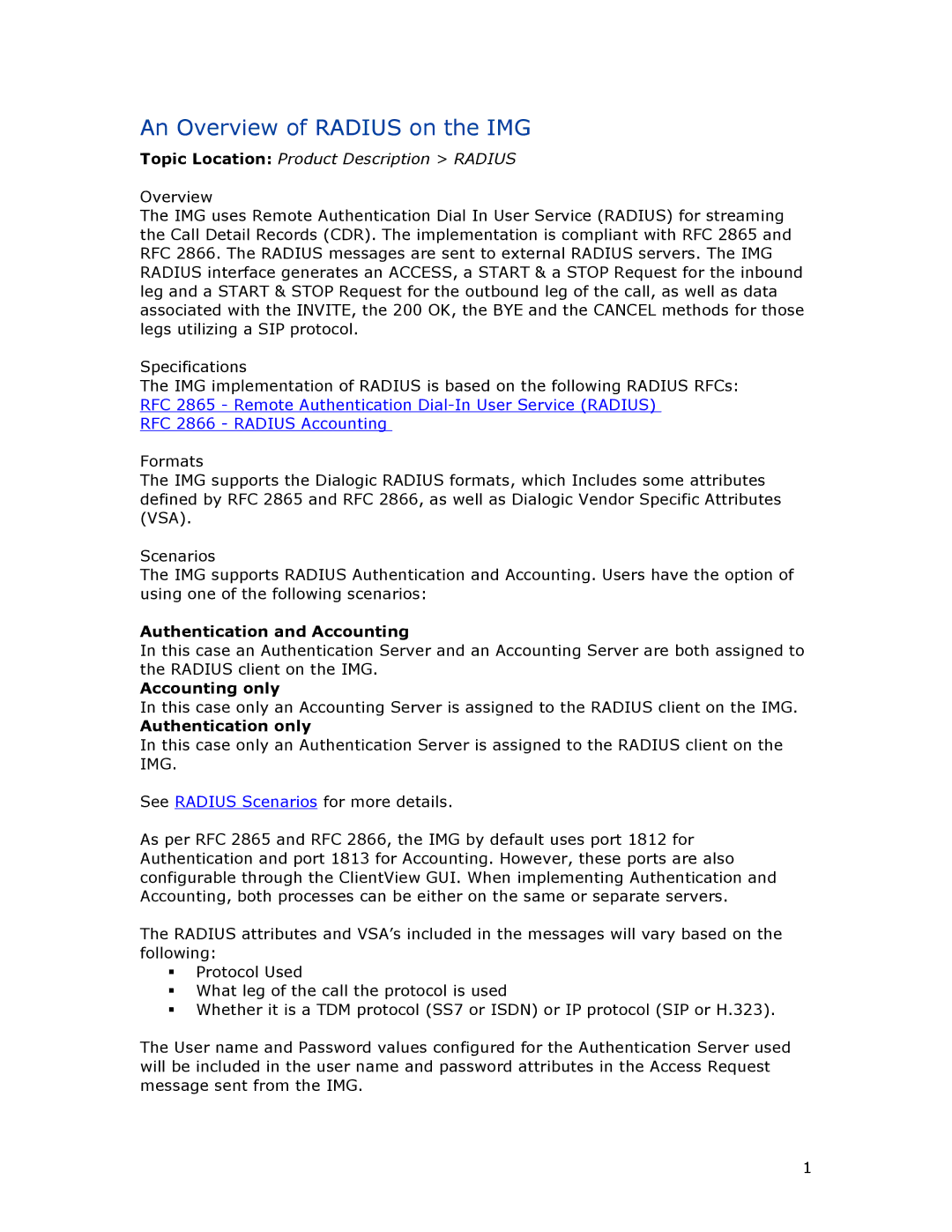 Dialogic 1010 manual An Overview of Radius on the IMG, Topic Location Product Description Radius 