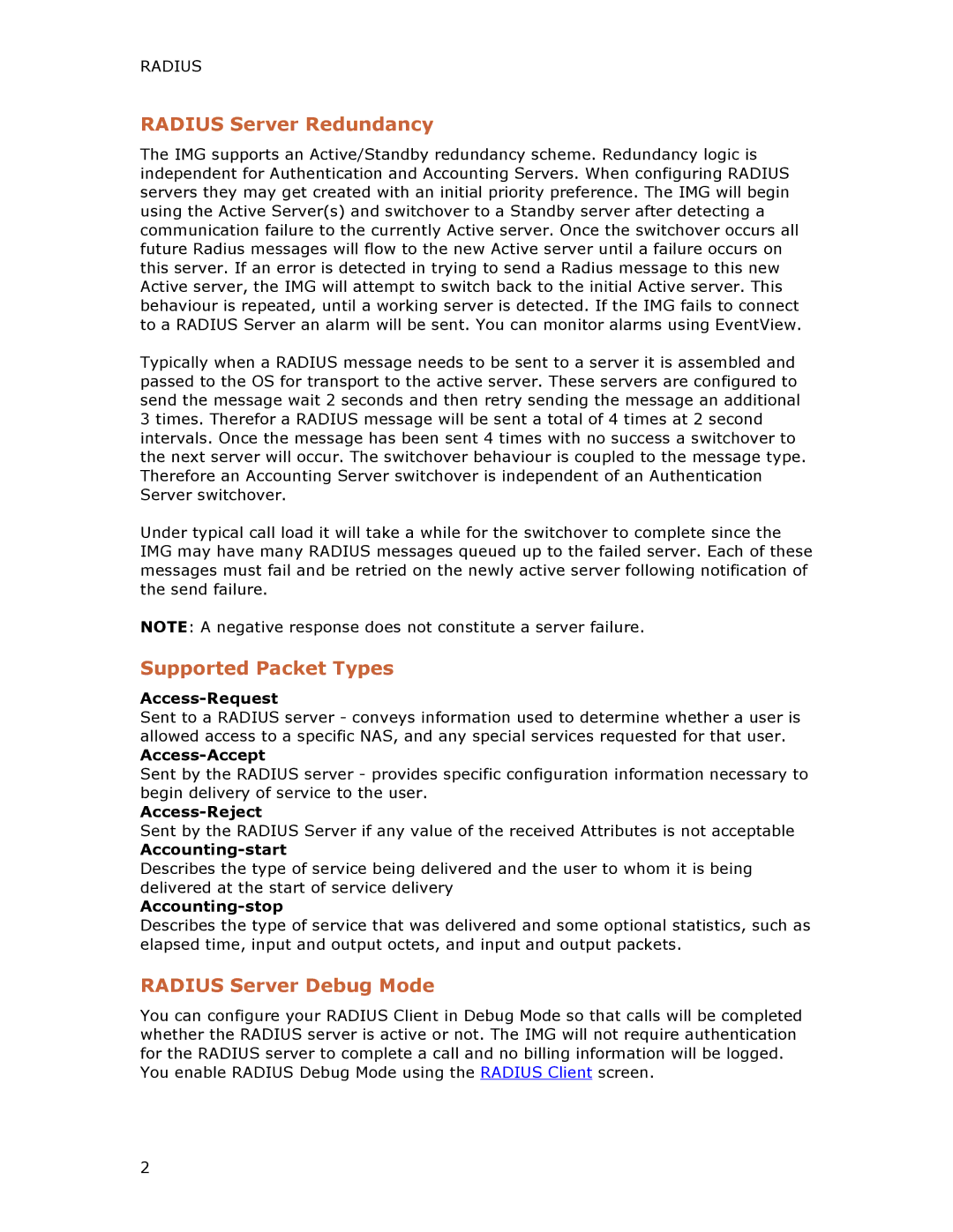 Dialogic 1010 manual Radius Server Redundancy, Supported Packet Types, Radius Server Debug Mode 