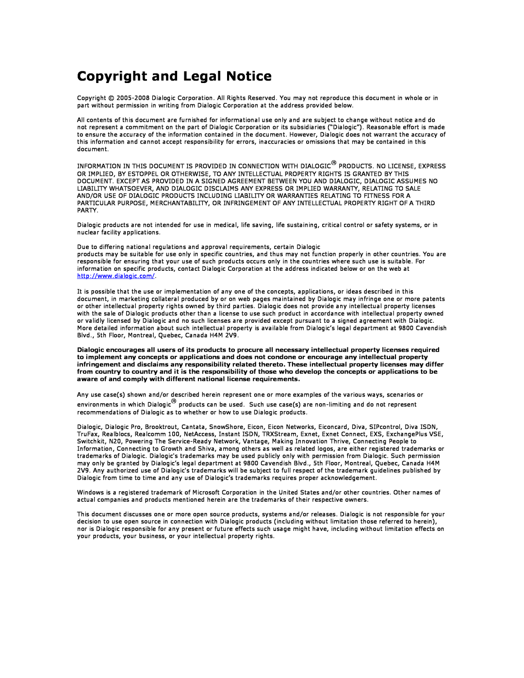 Dialogic 1010 manual Copyright and Legal Notice 