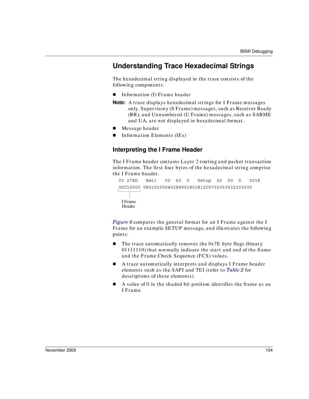 Dialogic 6.2 manual Understanding Trace Hexadecimal Strings, Interpreting the I Frame Header, November 104 