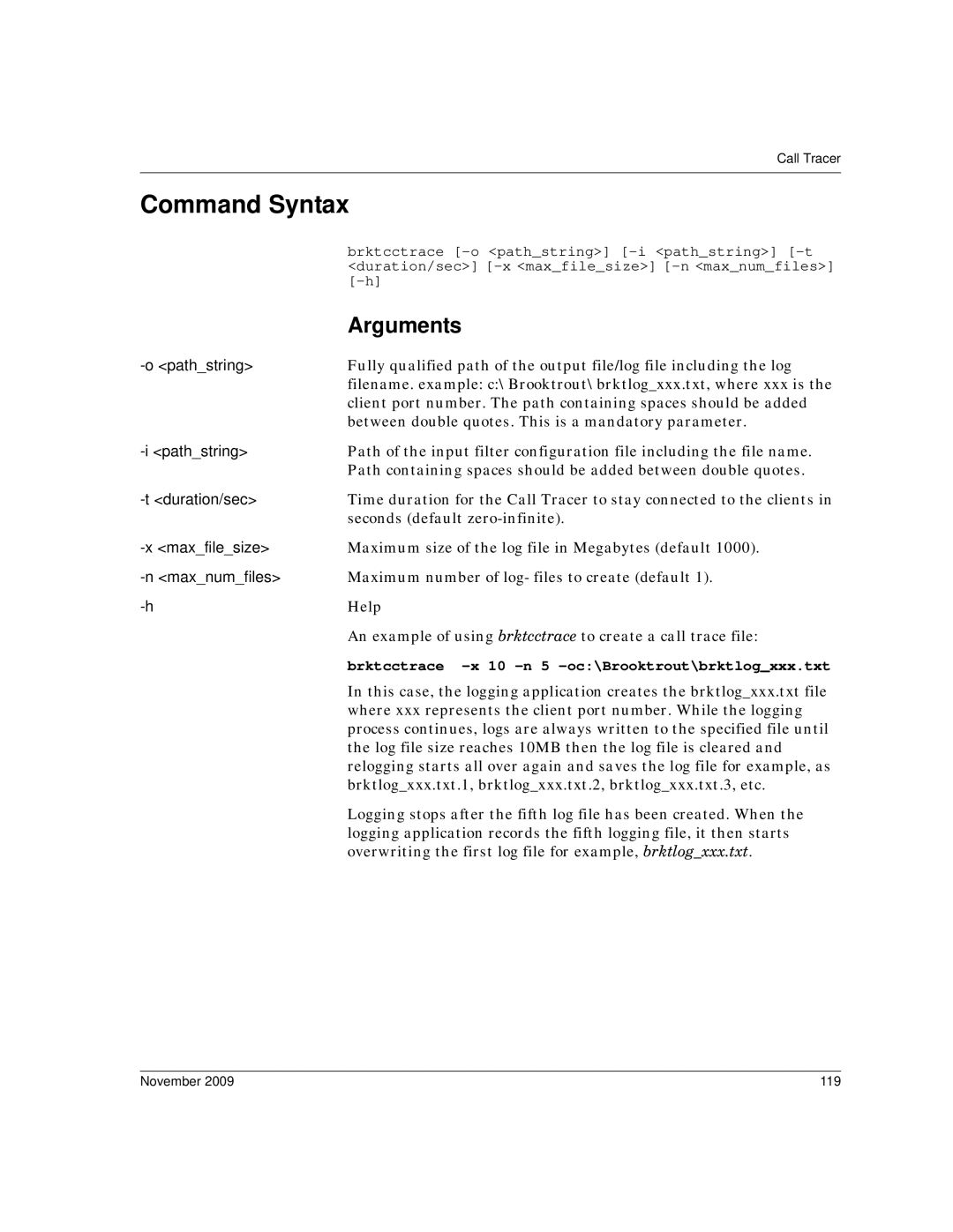 Dialogic 6.2 manual Command Syntax, Arguments, Brktcctrace -x 10 -n 5 -oc\Brooktrout\brktlogxxx.txt, November 119 