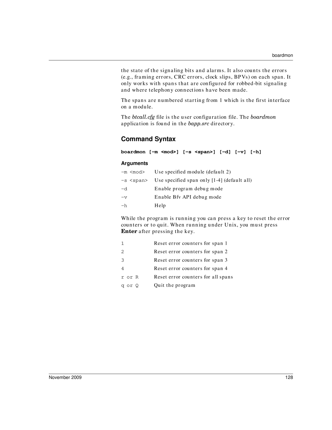 Dialogic 6.2 manual Boardmon -m mod -s span -d -v -h, November 128 