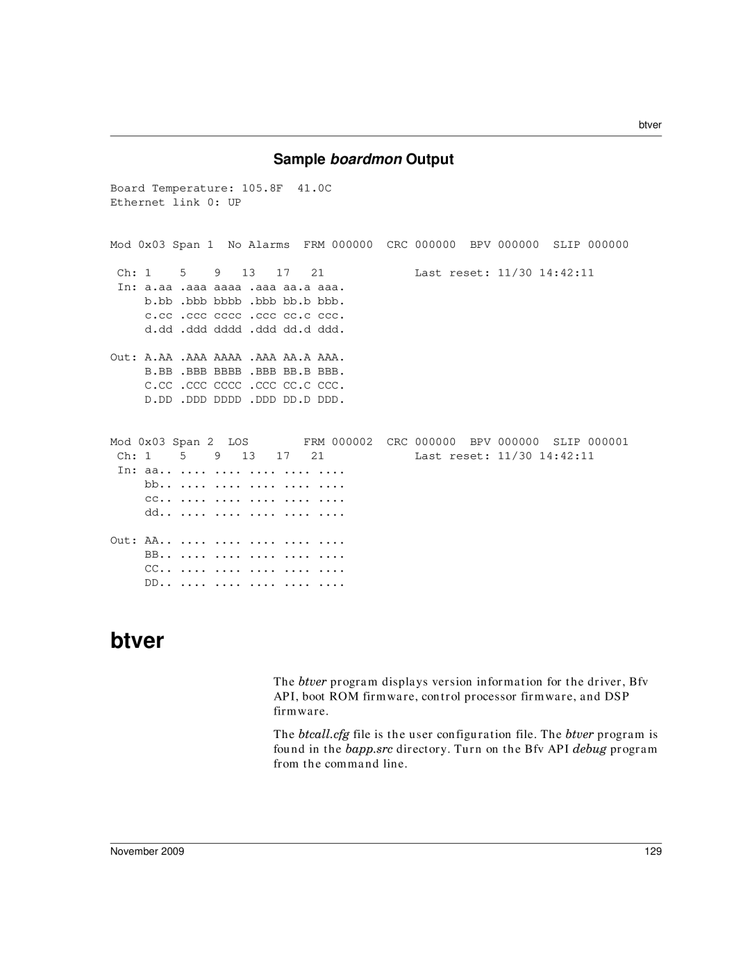 Dialogic 6.2 manual Btver, Sample boardmon Output, November 129 