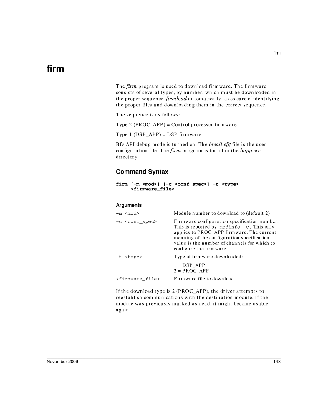 Dialogic 6.2 manual Firm -m mod -c confspec -t type firmwarefile, November 148 