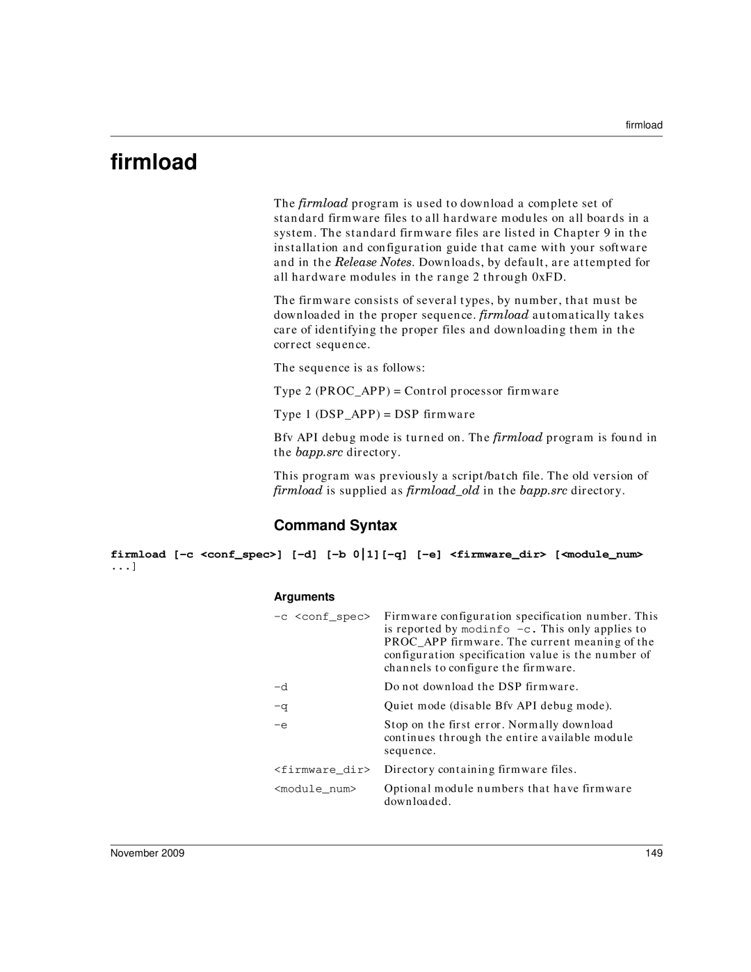 Dialogic 6.2 manual Firmload -c confspec -d -b 01-q -e firmwaredir modulenum, November 149 