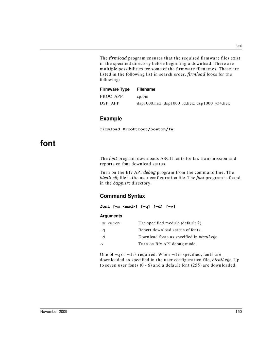 Dialogic 6.2 manual Firmware Type Filename, Firmload Brooktrout/boston/fw, Font -m mod -q -d 