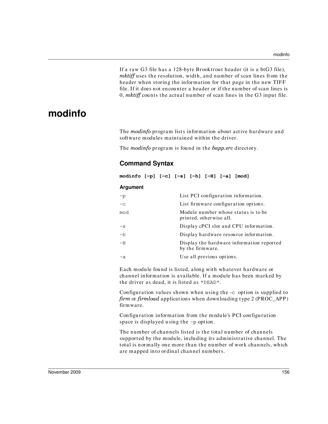 Dialogic 6.2 manual Modinfo -p -c -s -h -H -a mod, Argument, November 156 