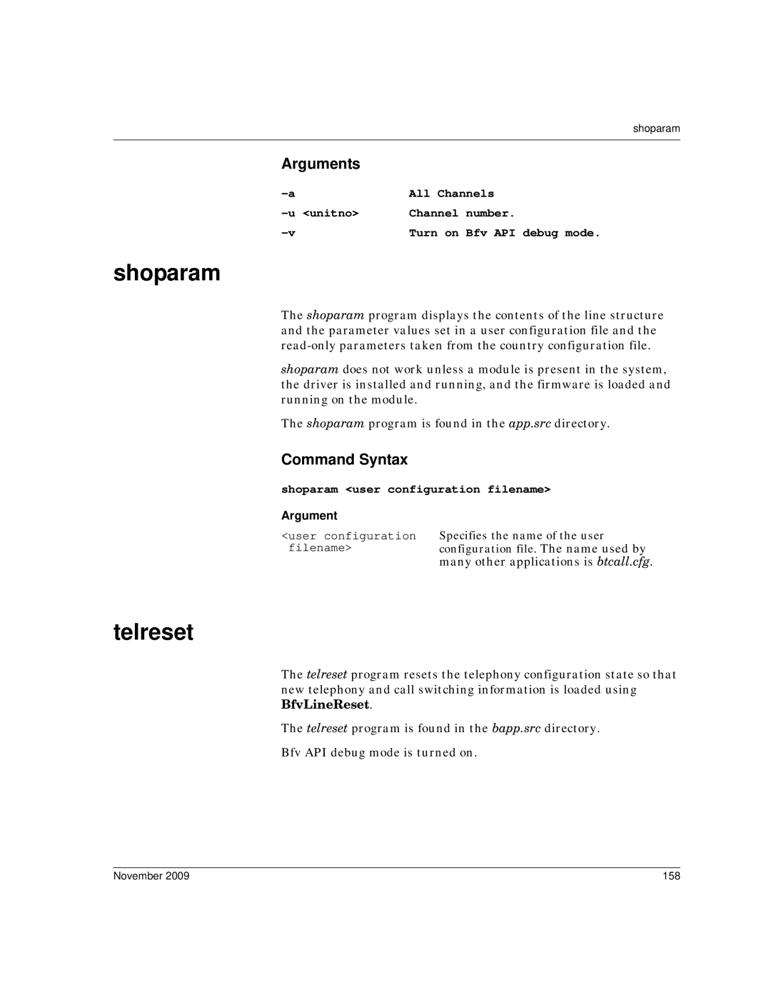 Dialogic 6.2 manual Shoparam, Telreset, Arguments 