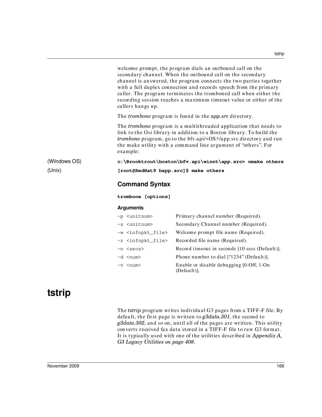 Dialogic 6.2 manual Tstrip, Root@RedHat9 bapp.src$ make others, Trombone options, November 166 