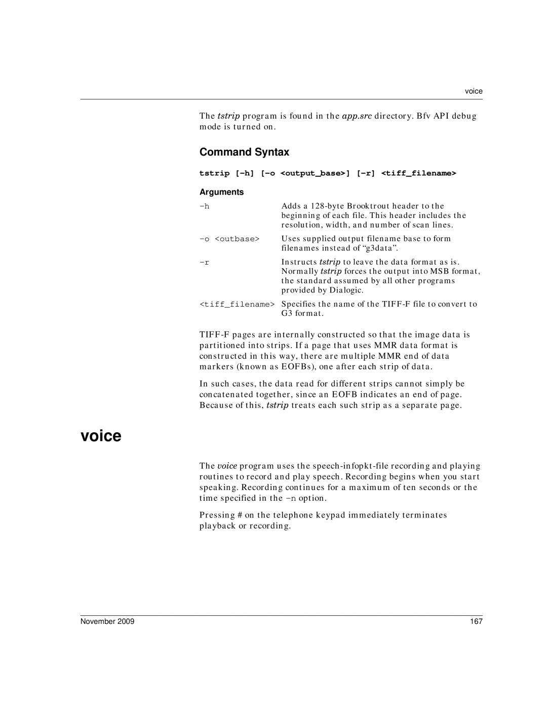 Dialogic 6.2 manual Voice, Tstrip -h -o outputbase -r tifffilename, November 167 