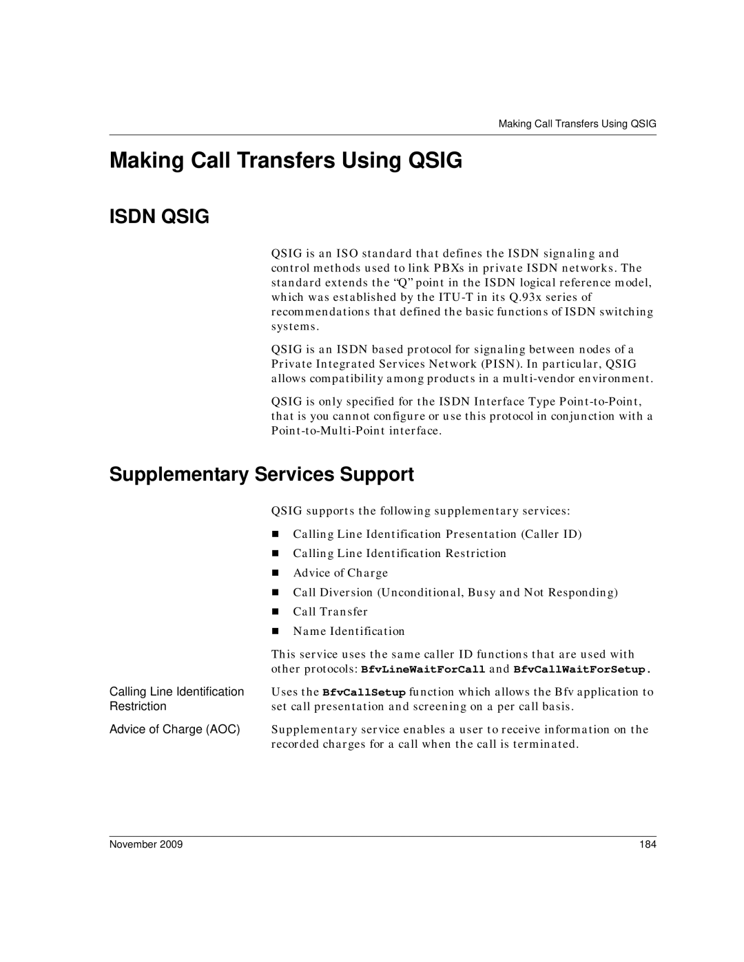 Dialogic 6.2 manual Making Call Transfers Using Qsig, Supplementary Services Support, November 184 