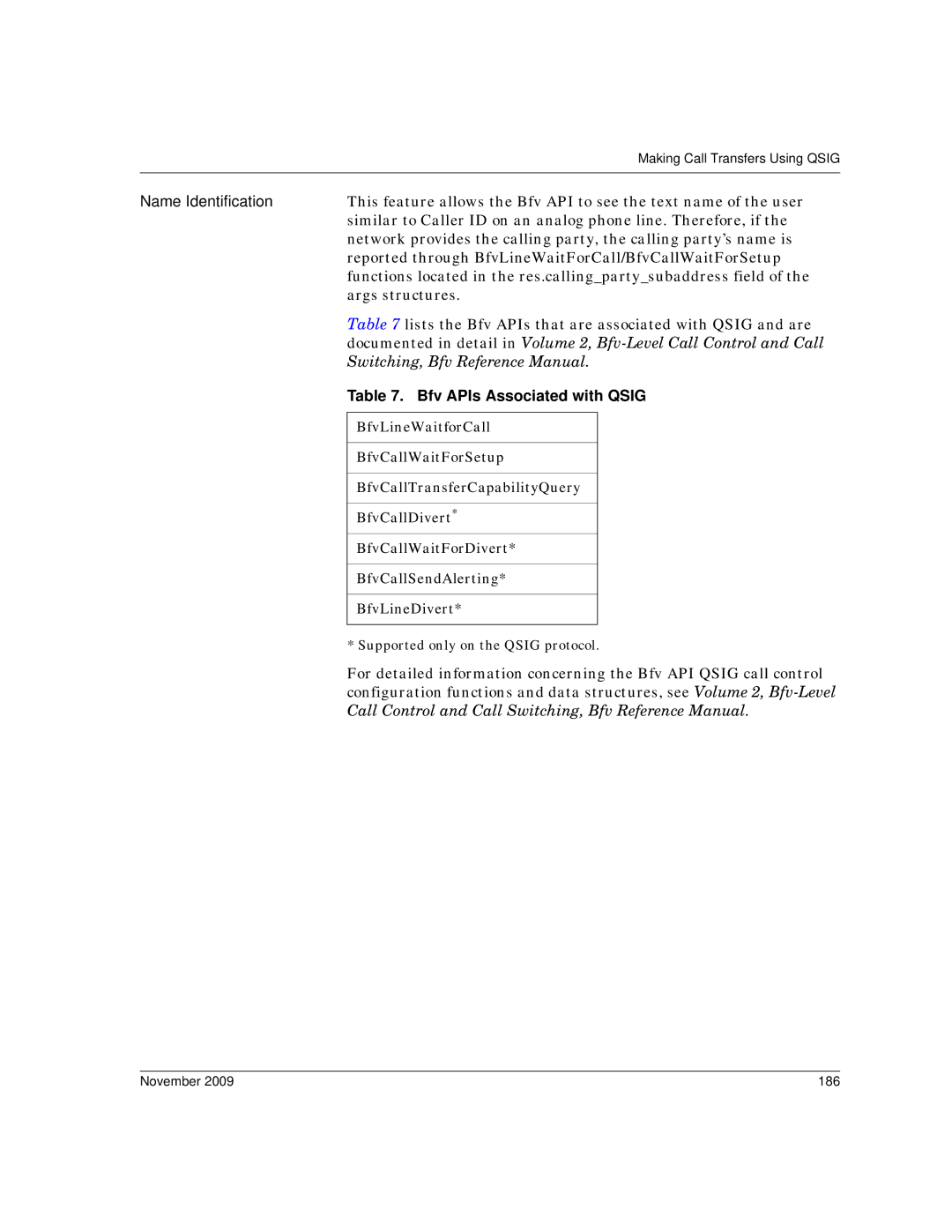 Dialogic 6.2 manual Bfv APIs Associated with Qsig, November 186 