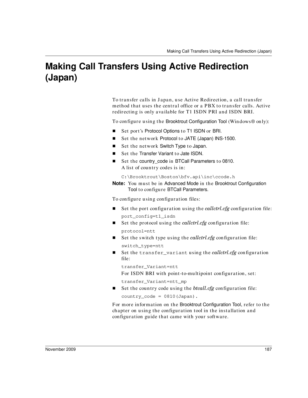 Dialogic 6.2 manual Making Call Transfers Using Active Redirection Japan, November 187 