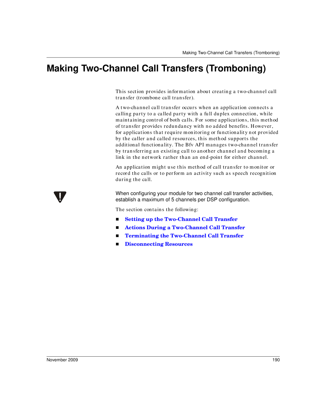 Dialogic 6.2 manual Making Two-Channel Call Transfers Tromboning, November 190 