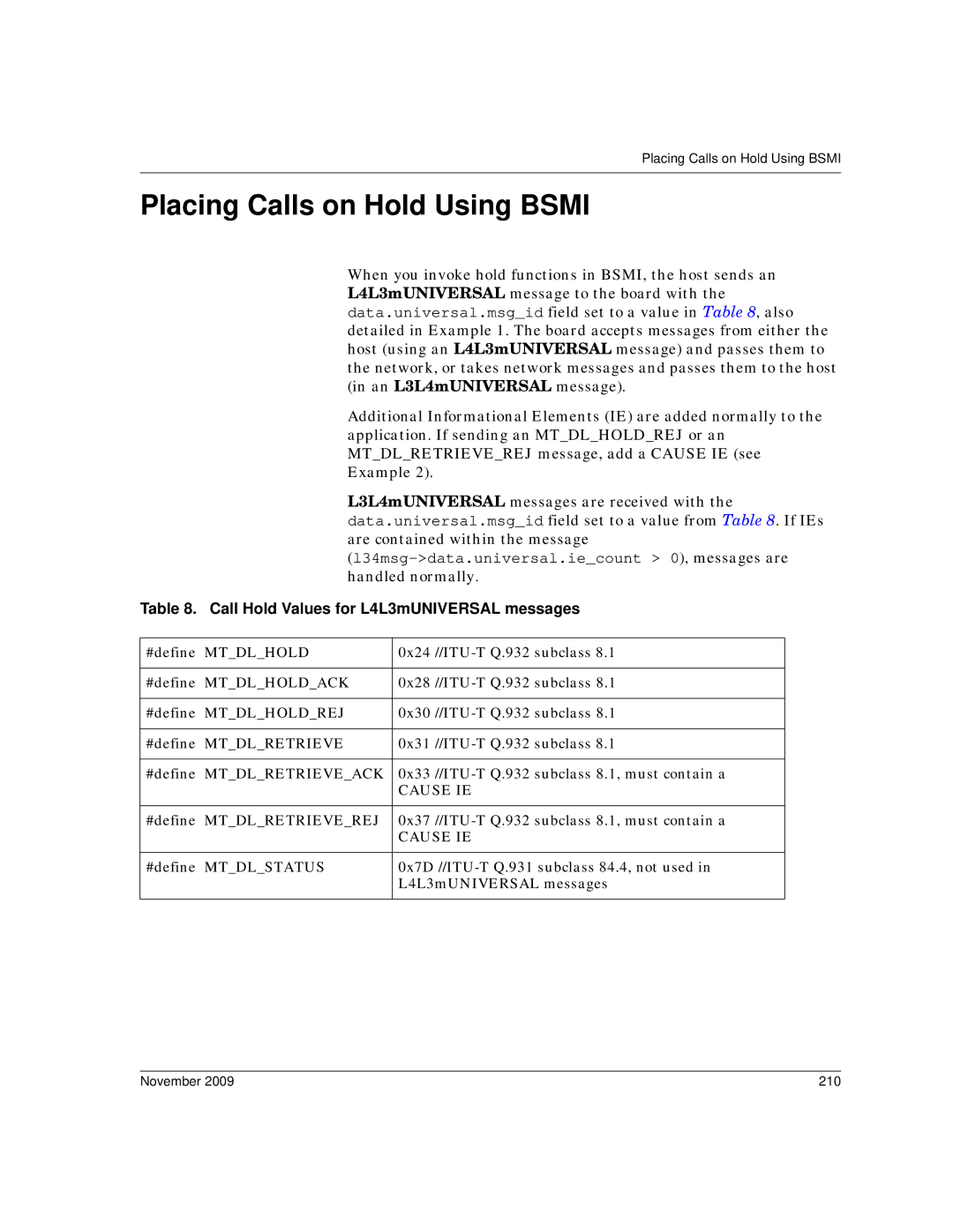 Dialogic 6.2 manual Placing Calls on Hold Using Bsmi, Call Hold Values for L4L3mUNIVERSAL messages, November 210 