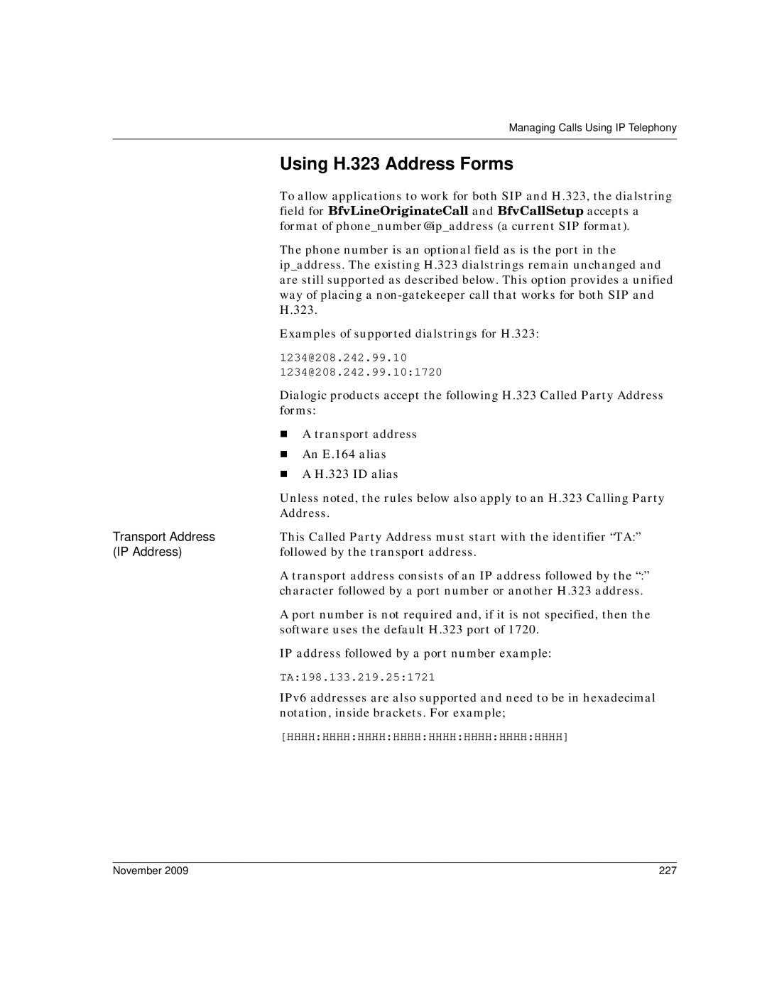 Dialogic 6.2 manual Using H.323 Address Forms, November 227 