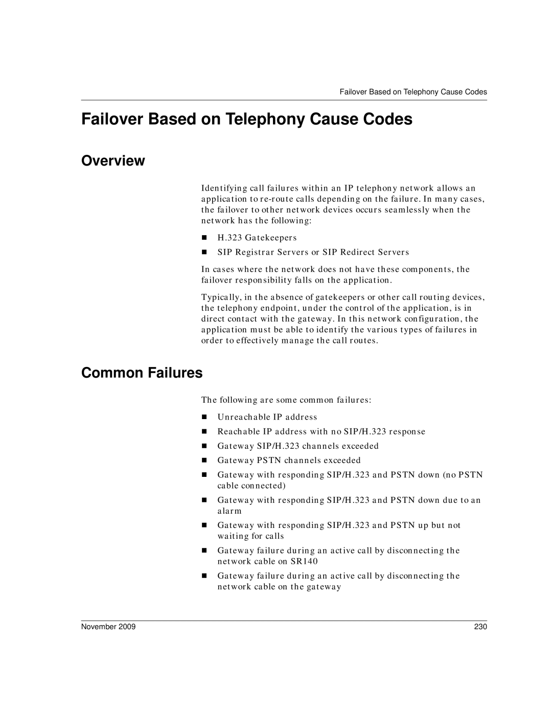 Dialogic 6.2 manual Failover Based on Telephony Cause Codes, Overview, Common Failures, November 230 