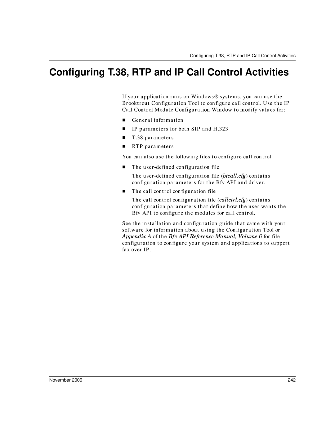 Dialogic 6.2 manual Configuring T.38, RTP and IP Call Control Activities, November 242 