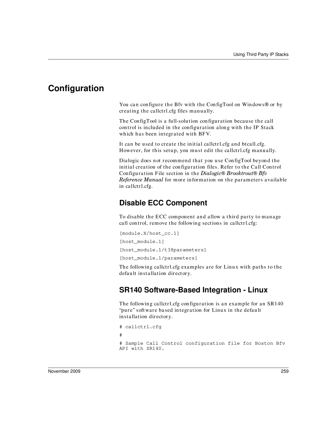 Dialogic 6.2 manual Configuration, Disable ECC Component, SR140 Software-Based Integration Linux, November 259 