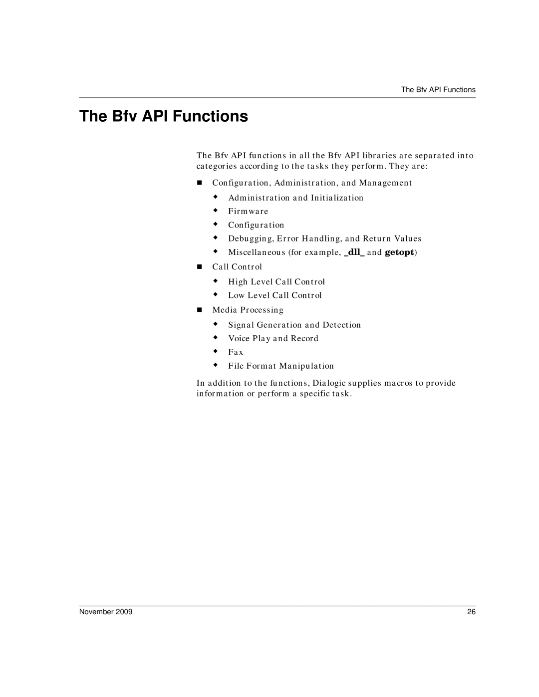 Dialogic 6.2 manual Bfv API Functions 