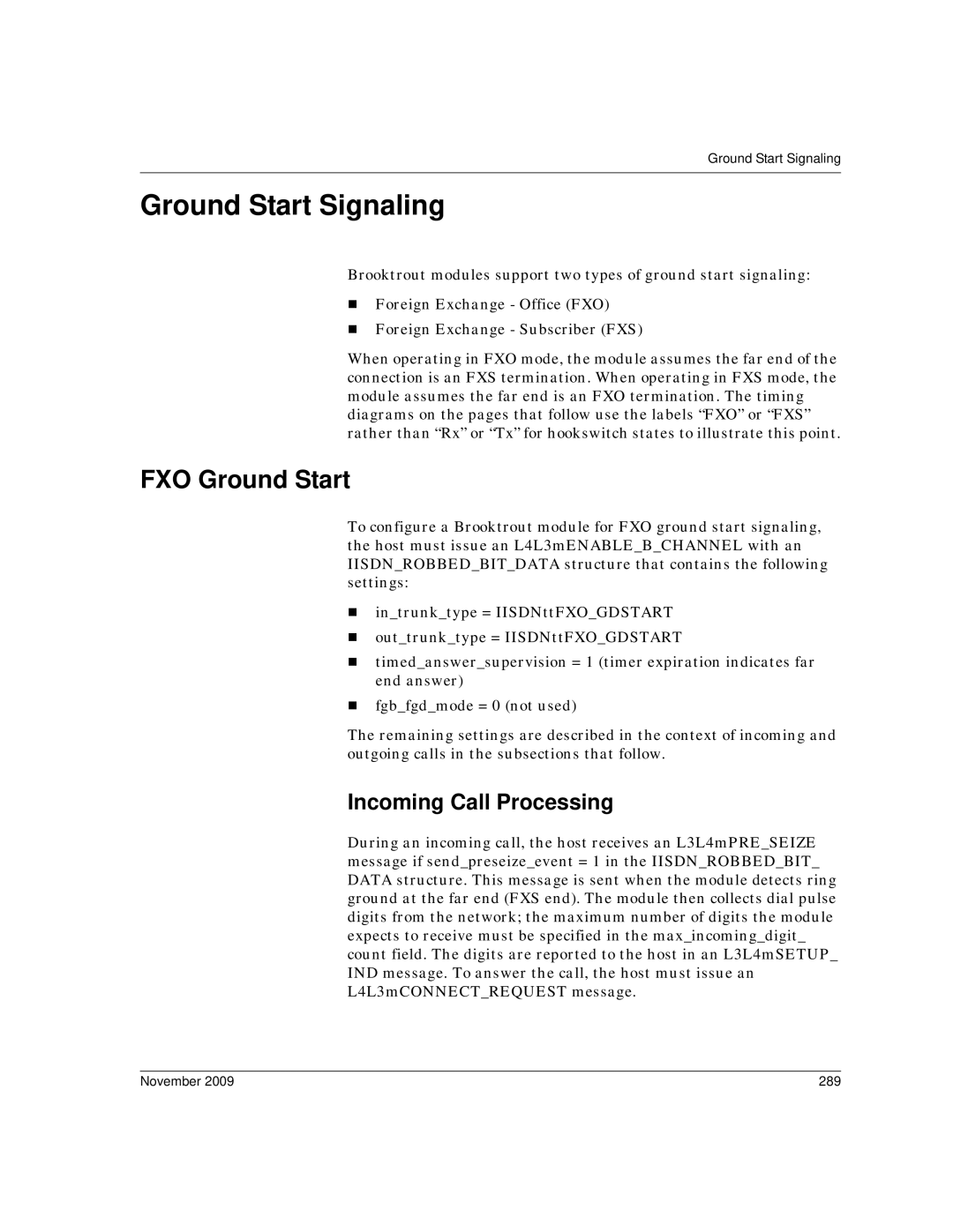 Dialogic 6.2 manual Ground Start Signaling, FXO Ground Start, Incoming Call Processing, November 289 