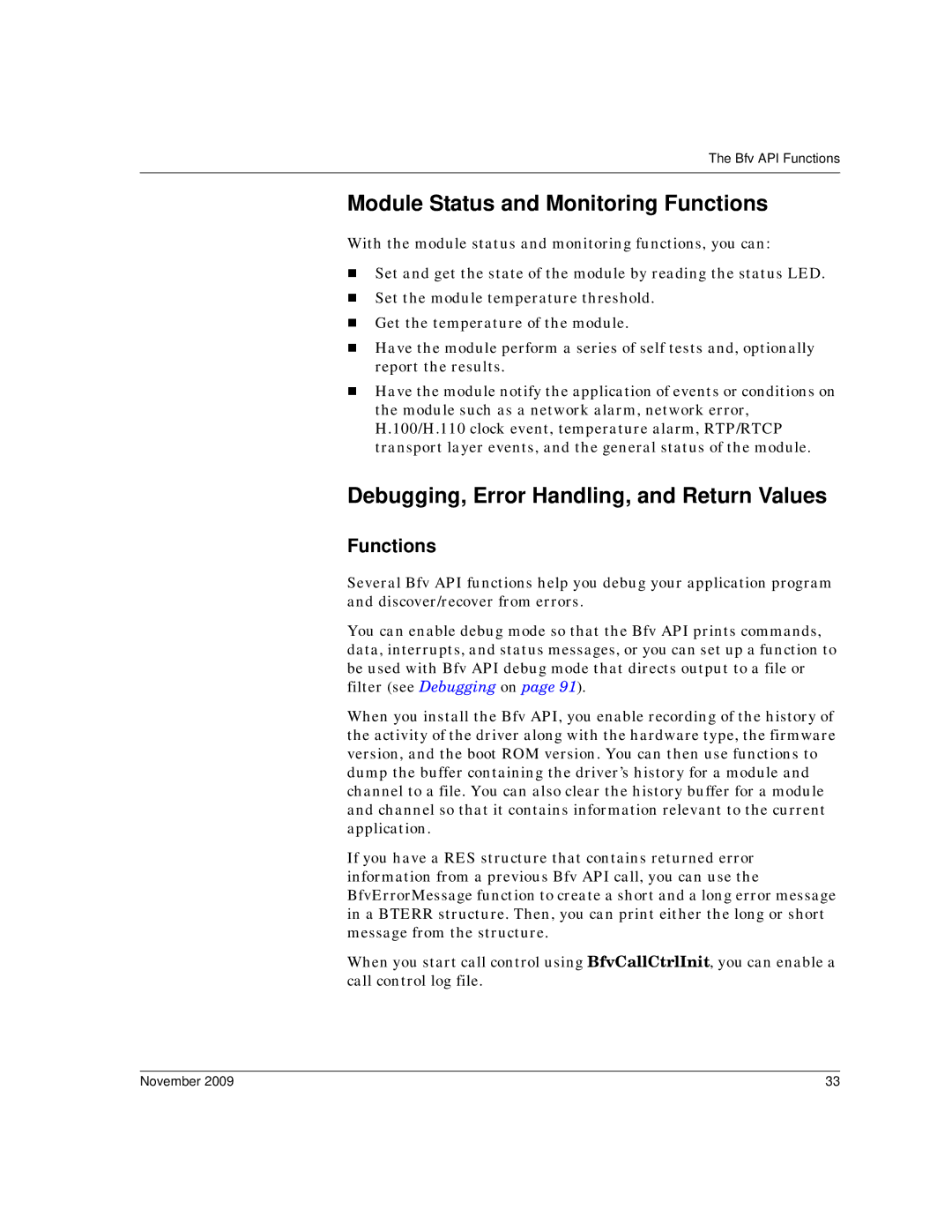 Dialogic 6.2 manual Module Status and Monitoring Functions, Debugging, Error Handling, and Return Values 