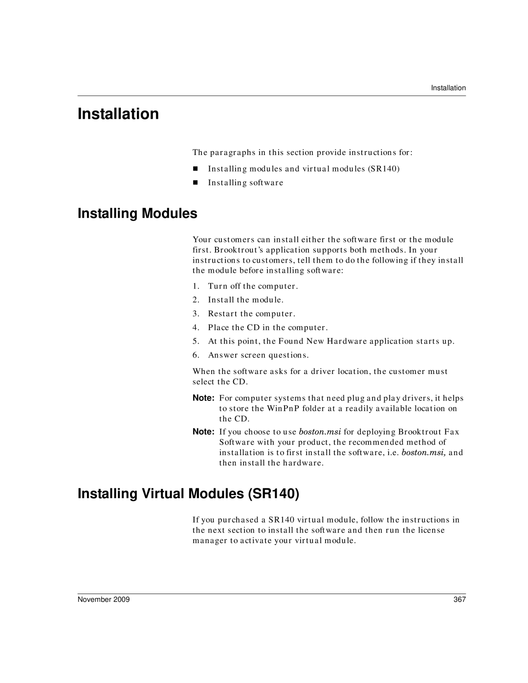 Dialogic 6.2 manual Installation, Installing Modules, Installing Virtual Modules SR140, November 367 