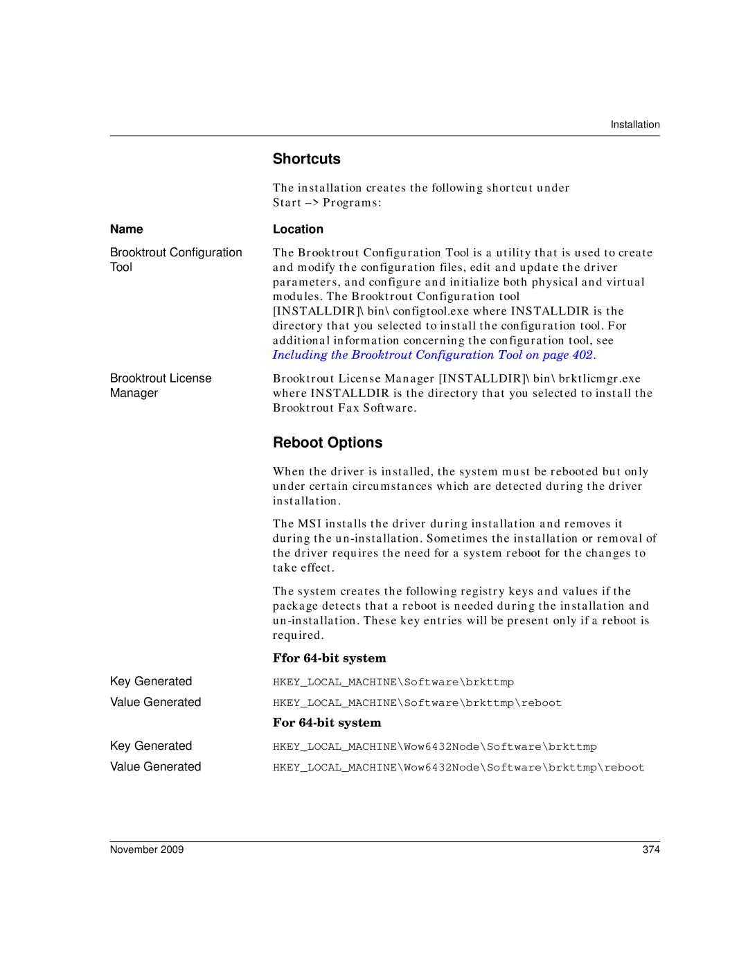 Dialogic 6.2 manual Shortcuts, Reboot Options, Name Location, November 374 