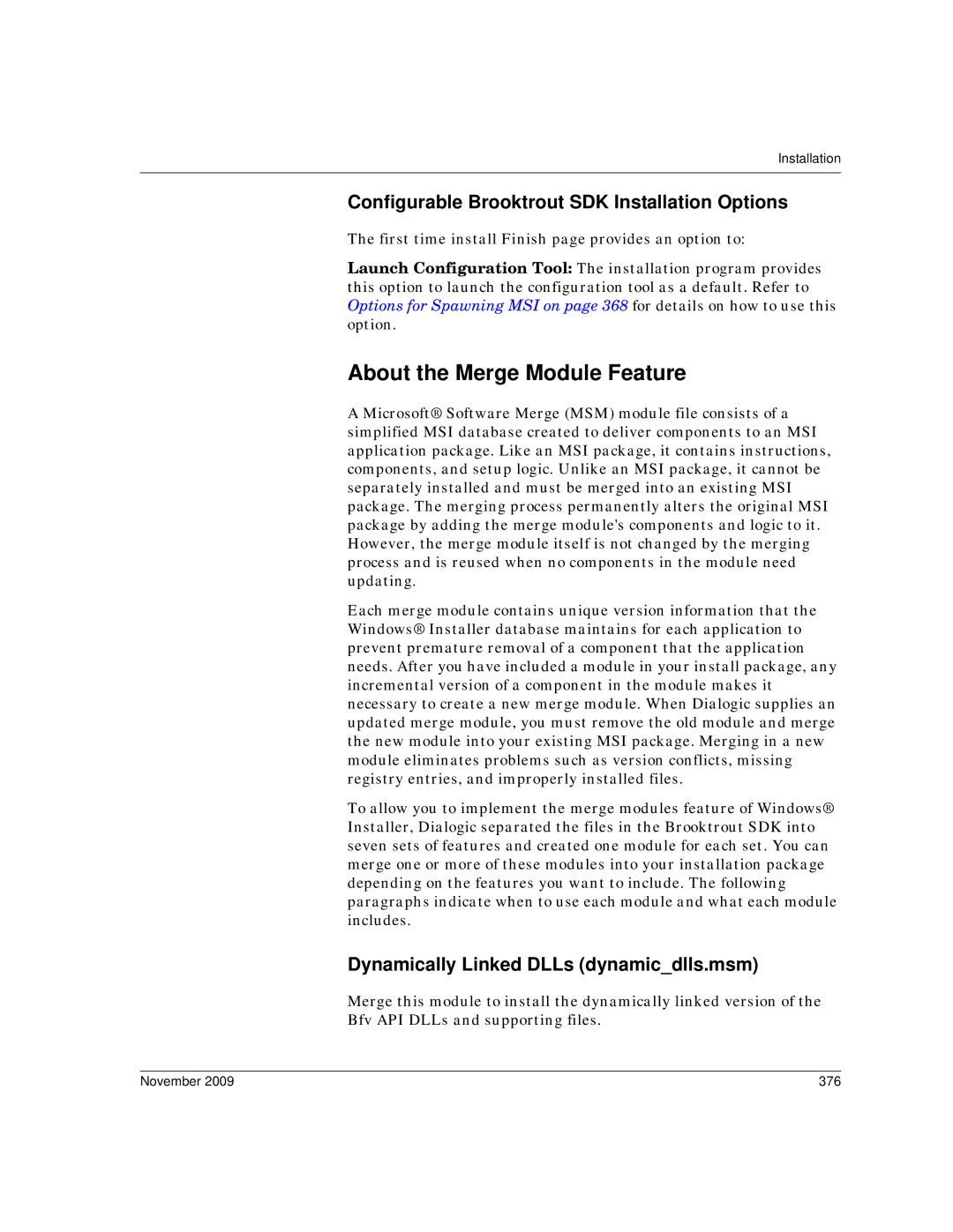 Dialogic 6.2 manual About the Merge Module Feature, Configurable Brooktrout SDK Installation Options, November 376 