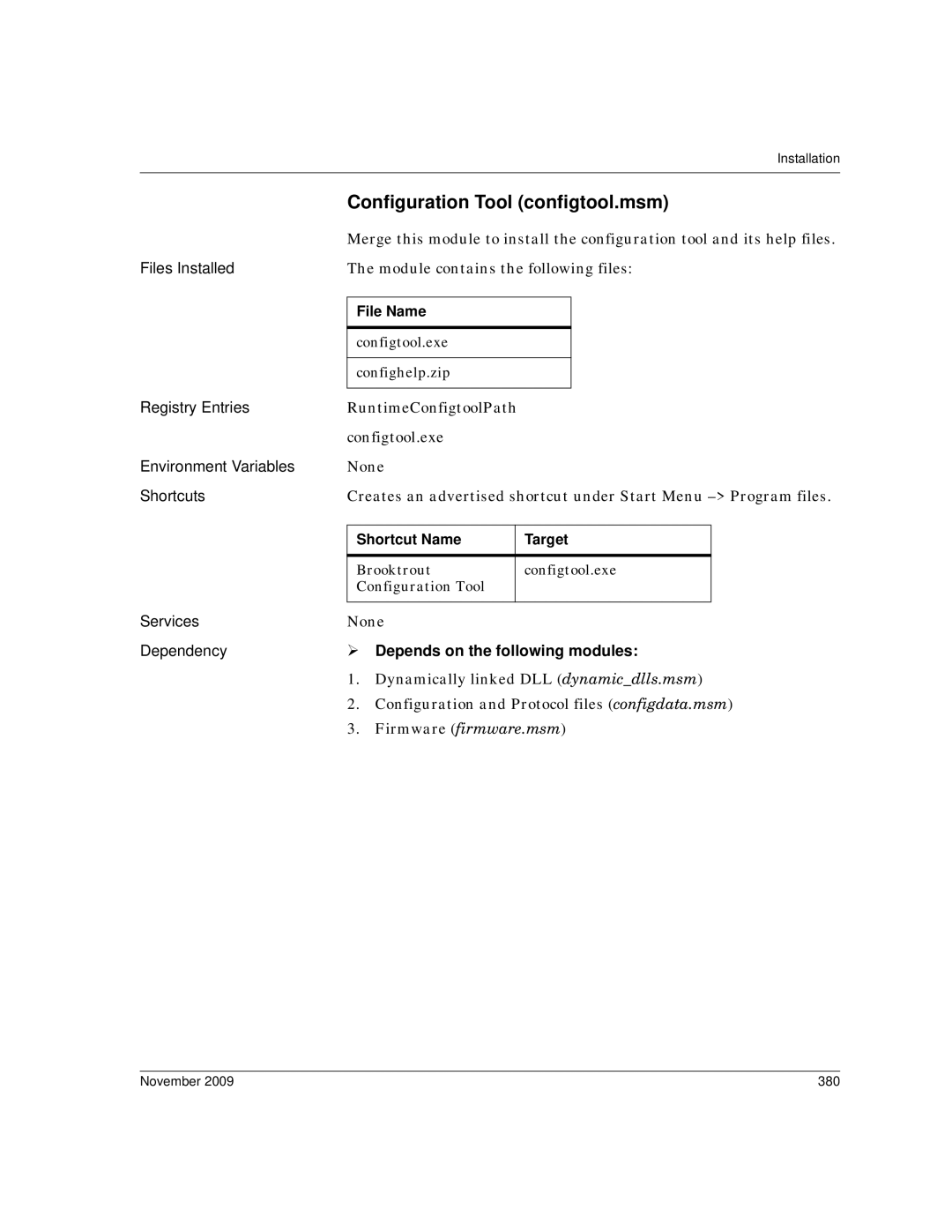 Dialogic 6.2 Configuration Tool configtool.msm, Shortcut Name Target, ¾ Depends on the following modules, November 380 