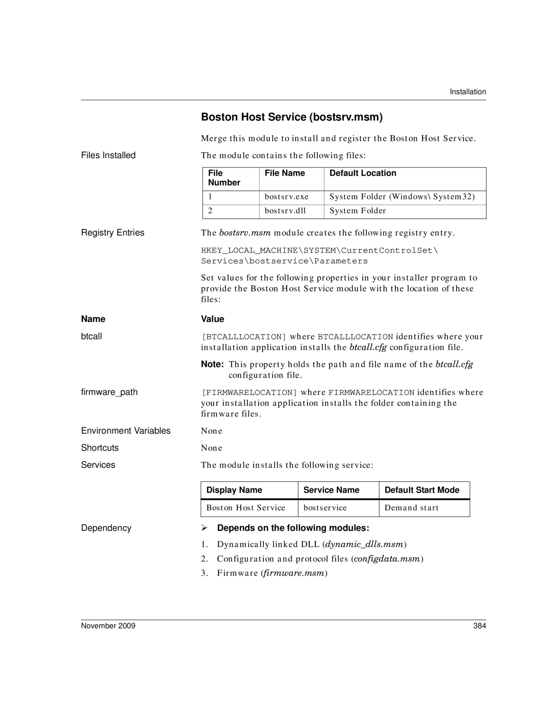 Dialogic 6.2 Boston Host Service bostsrv.msm, File File Name Default Location Number, Service Name Default Start Mode 