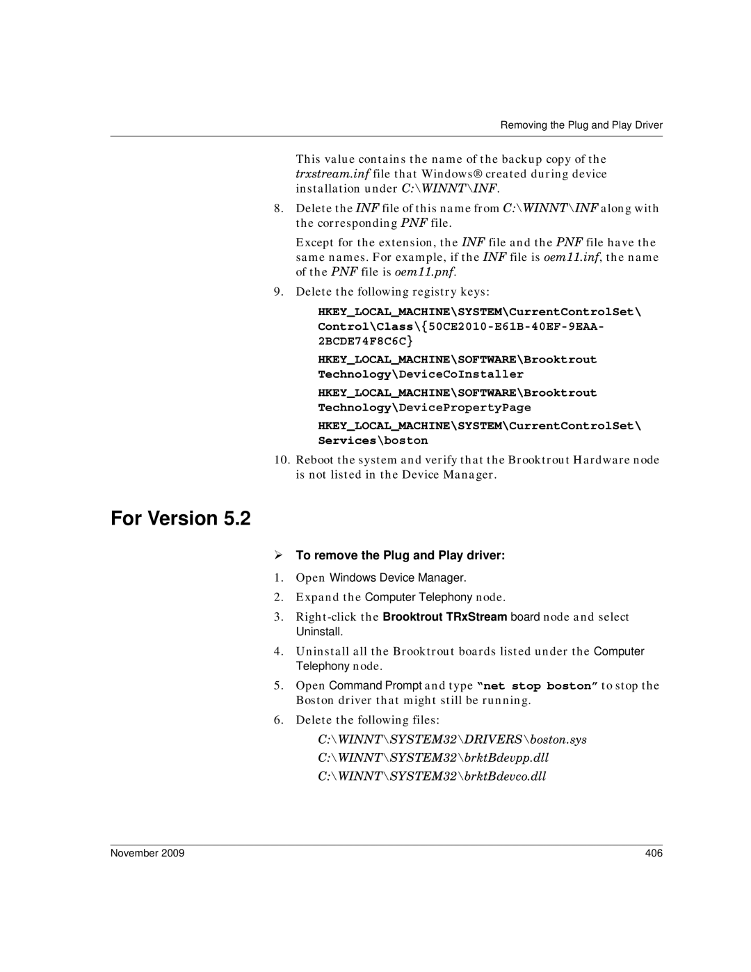 Dialogic 6.2 manual For Version, ¾ To remove the Plug and Play driver, November 406 