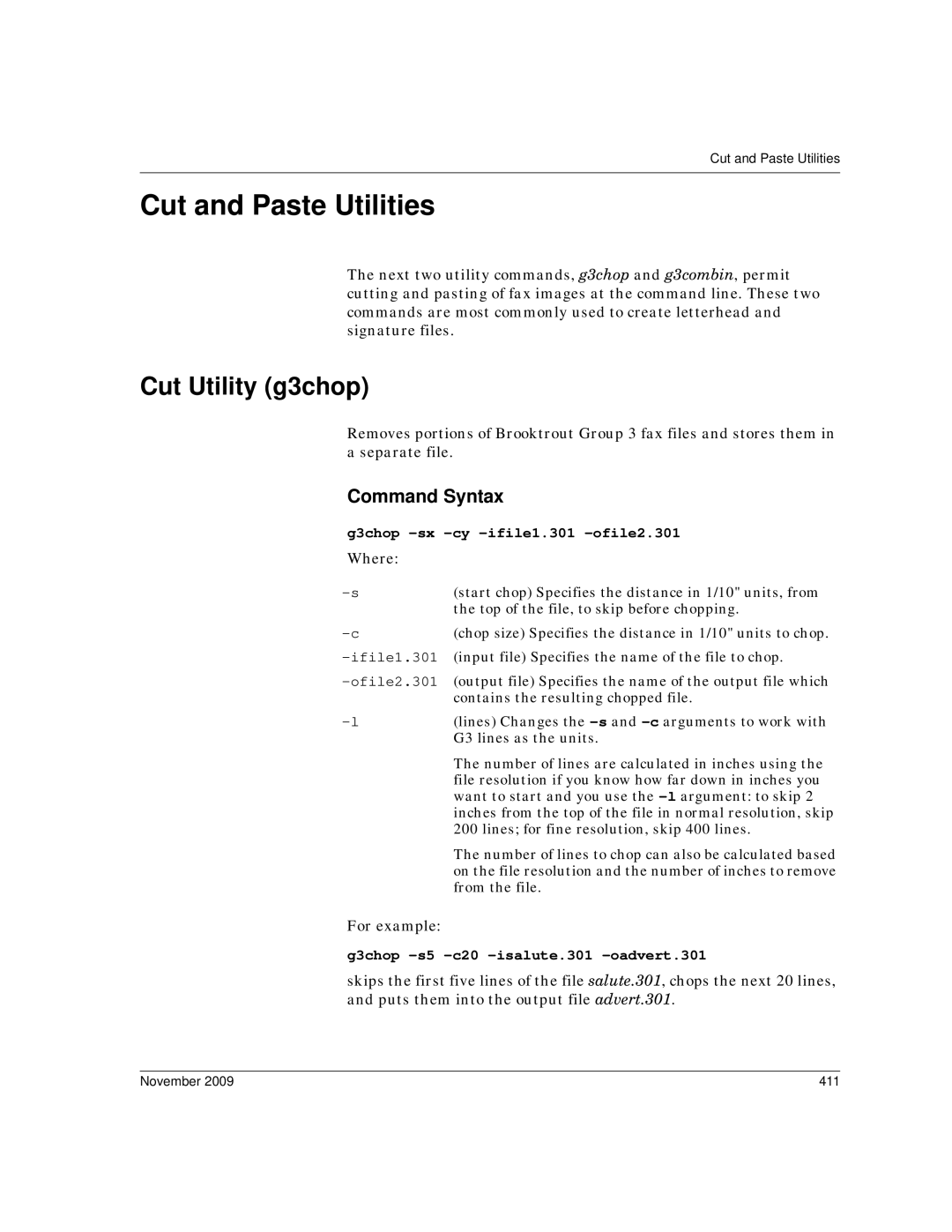 Dialogic 6.2 manual Cut and Paste Utilities, Cut Utility g3chop, G3chop -sx -cy -ifile1.301 -ofile2.301 Where 