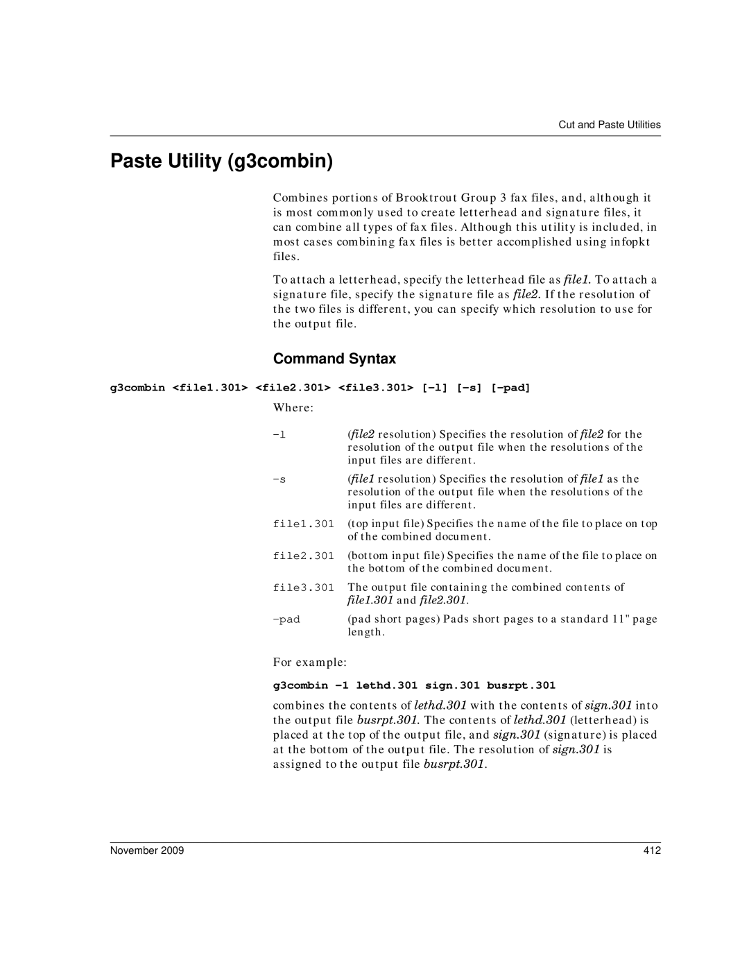 Dialogic 6.2 manual Paste Utility g3combin, G3combin file1.301 file2.301 file3.301 -l -s -pad, November 412 