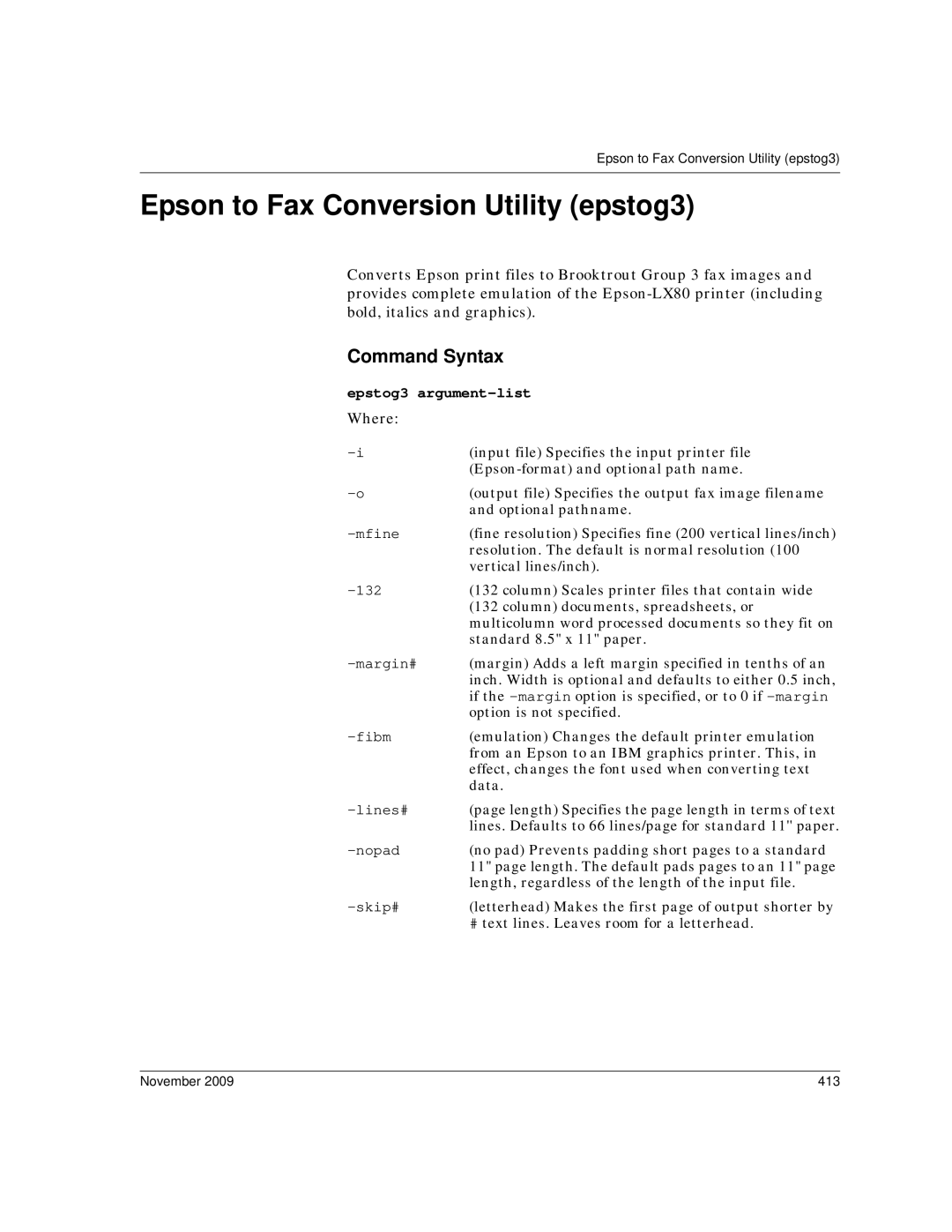 Dialogic 6.2 manual Epson to Fax Conversion Utility epstog3, Epstog3 argument-list Where, November 413 